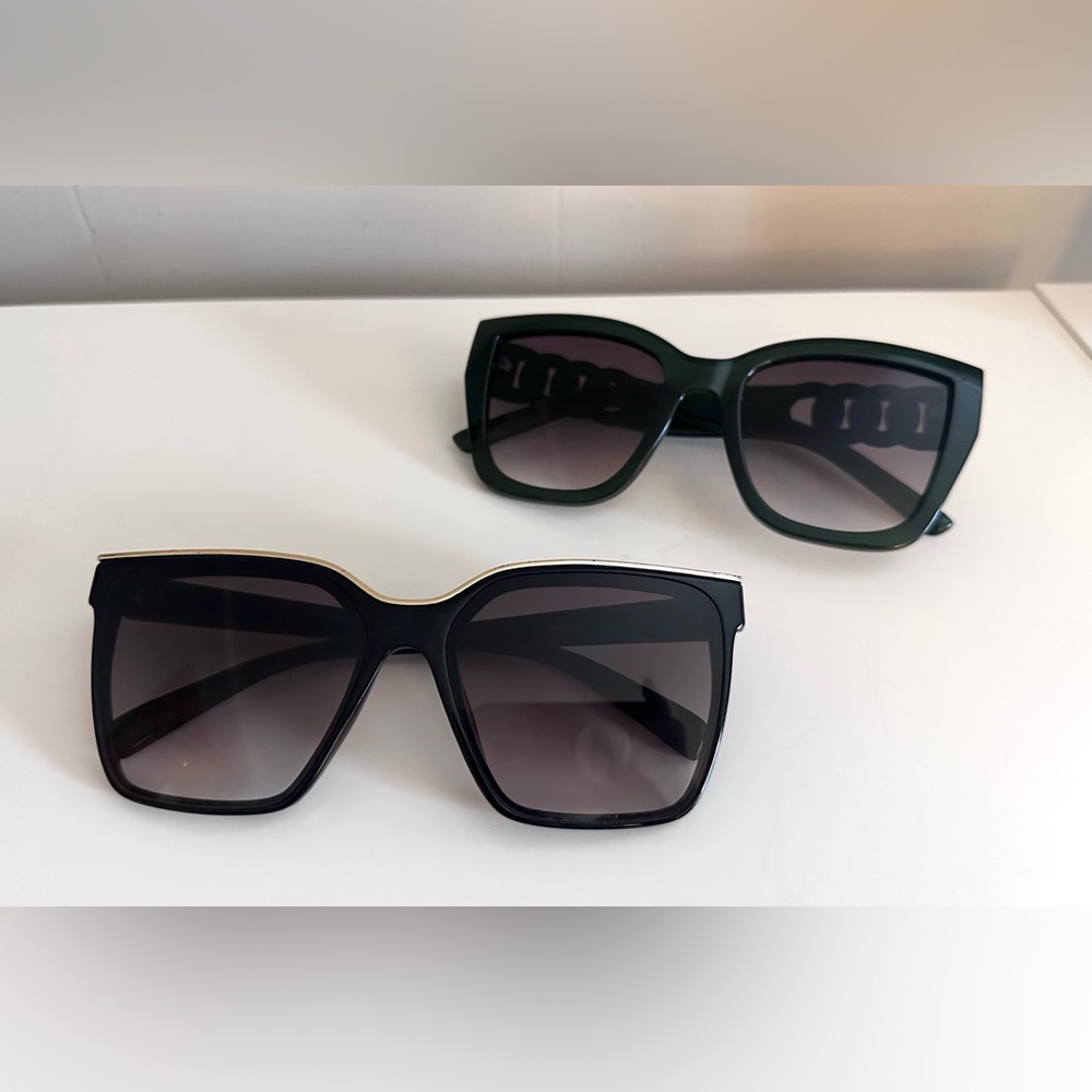 PAIR Fashion Sunglasses, Black with Gold Trim, and Dark Green
